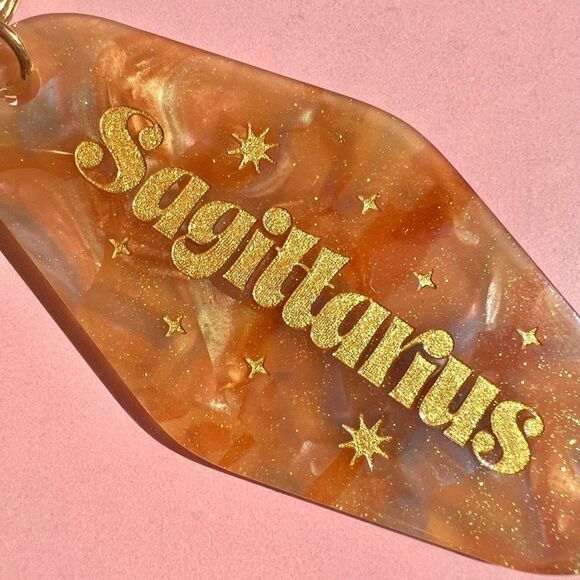 Sagittarius Horoscope Glitter Engraved Gold Keychain Orange Creamsicle Ombre - Picture 2 of 5